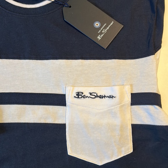 Ben Sherman Large Tee Shirt Crew Patch Pocket Blue White Stripe Navy Blue NWT - Picture 4 of 11
